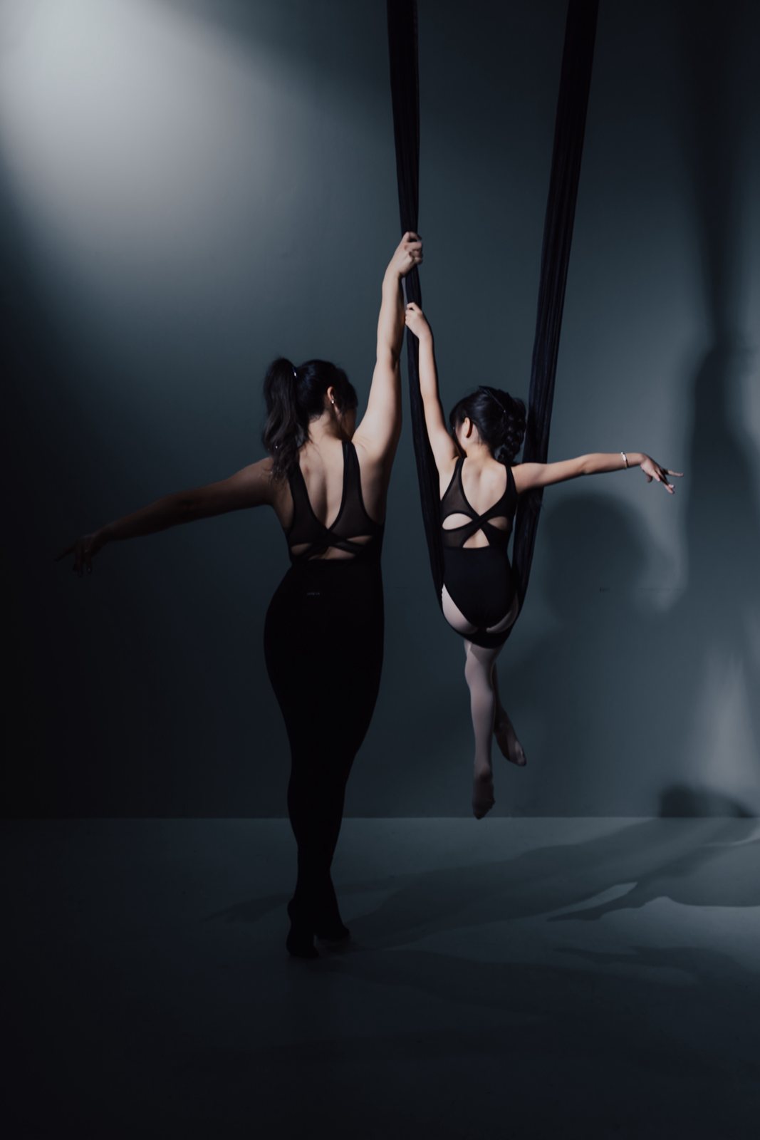 Mother and daughter side by side in black aerial hammocks
