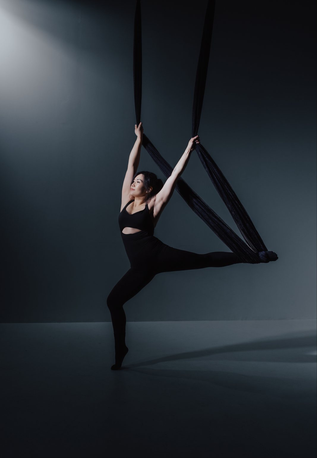Dancer in black holding black mesh hammock on a dark set